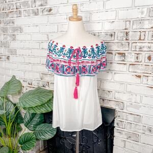 K. Jordan Bright Pink & Blue Embroidered Floral Off Shoulder Tassel Boho Top M
